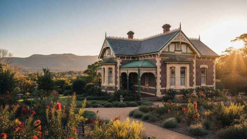 A dramatic, cinematic shot showcasing expert architectural photography Upper Ferntree Gully period homes, specifically a grand Victorian-era house bathed in the warm glow of a golden hour sunset, highlighting intricate facade details and lush garden, with the Dandenong Ranges faintly visible in the background, professional color grading.