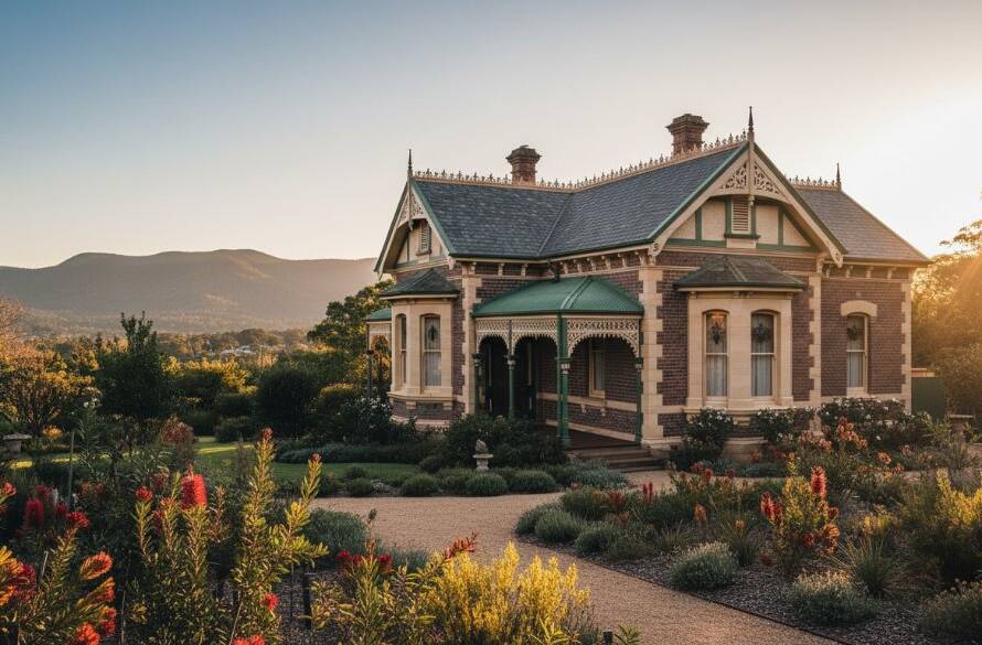 A dramatic, cinematic shot showcasing expert architectural photography Upper Ferntree Gully period homes, specifically a grand Victorian-era house bathed in the warm glow of a golden hour sunset, highlighting intricate facade details and lush garden, with the Dandenong Ranges faintly visible in the background, professional color grading.