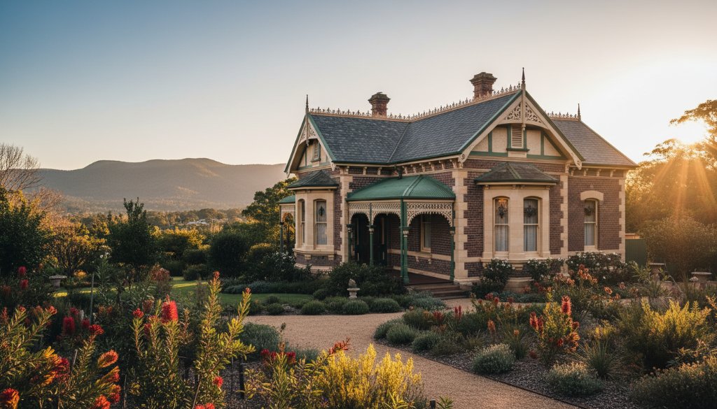 A dramatic, cinematic shot showcasing expert architectural photography Upper Ferntree Gully period homes, specifically a grand Victorian-era house bathed in the warm glow of a golden hour sunset, highlighting intricate facade details and lush garden, with the Dandenong Ranges faintly visible in the background, professional color grading.