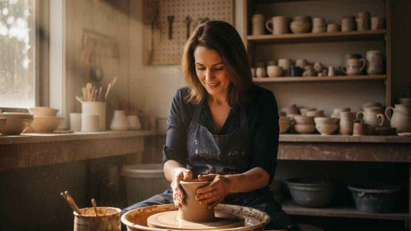 An epic moment captured through expert Balwyn editorial photography, showcasing a local artisan meticulously crafting pottery with dramatic lighting in a studio near Balwyn North, Victoria, highlighting their dedication and skill.