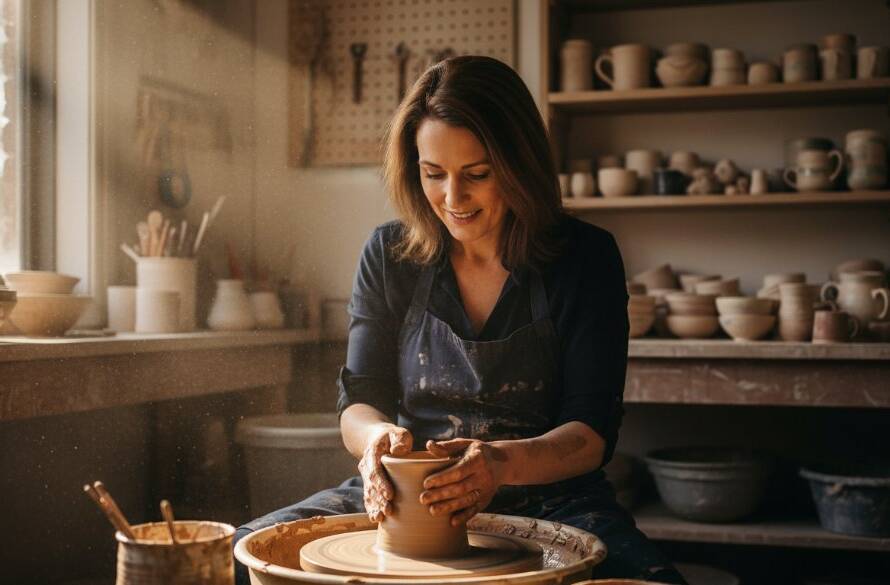 An epic moment captured through expert Balwyn editorial photography, showcasing a local artisan meticulously crafting pottery with dramatic lighting in a studio near Balwyn North, Victoria, highlighting their dedication and skill.