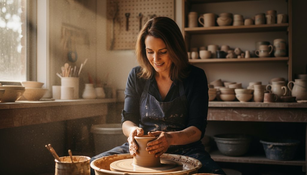 An epic moment captured through expert Balwyn editorial photography, showcasing a local artisan meticulously crafting pottery with dramatic lighting in a studio near Balwyn North, Victoria, highlighting their dedication and skill.