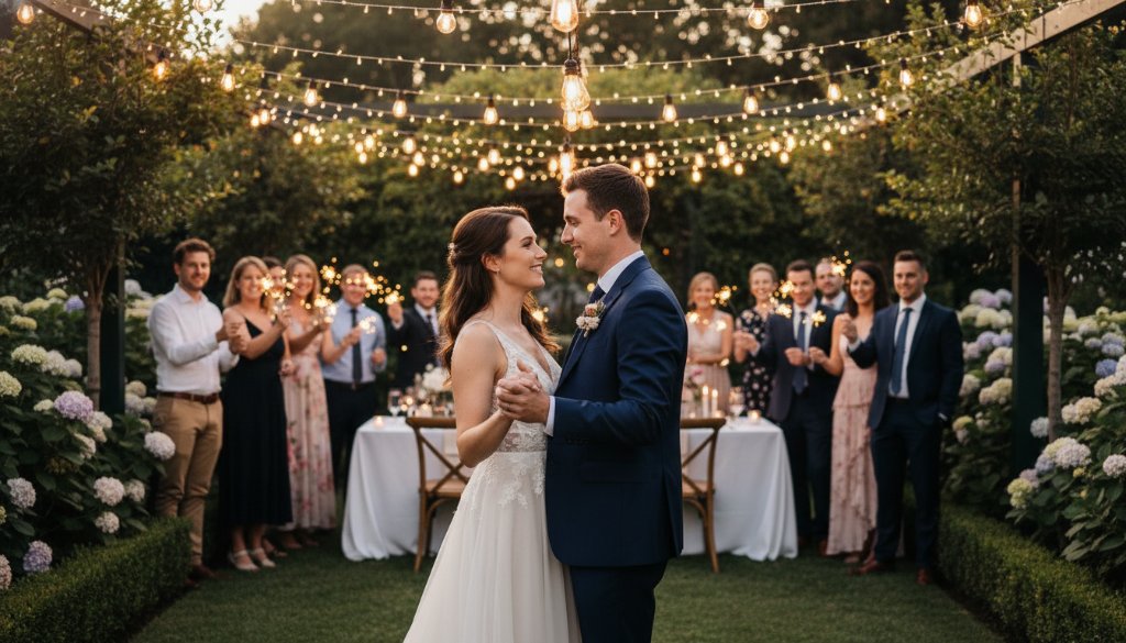 An epic moment captured by expert Balwyn North event photography: a family celebrating a golden wedding anniversary in a beautifully decorated garden setting in Balwyn North, with warm sunset light illuminating joyful faces.