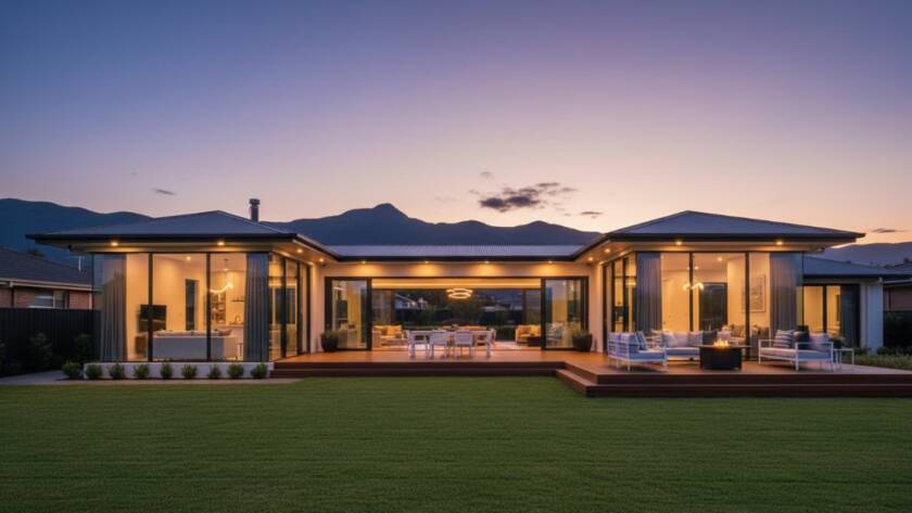 An elevated, wide-angle cinematic shot of a modern, well-lit family home in Bayswater North at twilight, with warm interior lights glowing, a perfectly manicured garden, and the Dandenong Ranges faintly visible in the background, showcasing expert Bayswater North real estate photography with dramatic colour grading.