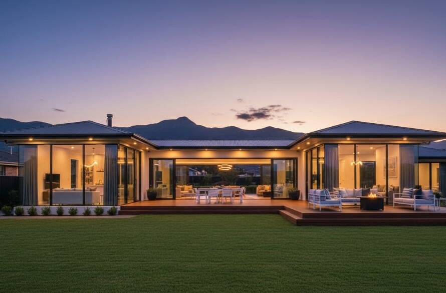 An elevated, wide-angle cinematic shot of a modern, well-lit family home in Bayswater North at twilight, with warm interior lights glowing, a perfectly manicured garden, and the Dandenong Ranges faintly visible in the background, showcasing expert Bayswater North real estate photography with dramatic colour grading.