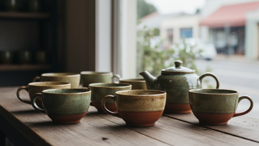 A dramatic close-up of beautifully styled artisan products, meticulously arranged on a rustic timber surface with soft, diffused sunlight casting elegant shadows, showcasing expert Belmont product photography for local Geelong businesses with a cinematic and high-quality aesthetic.