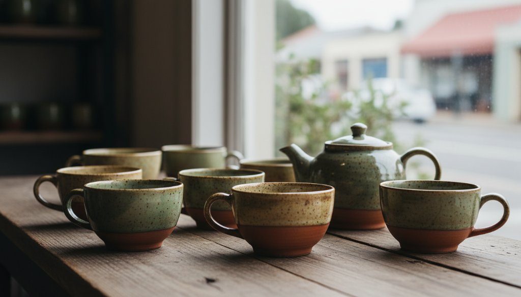 A dramatic close-up of beautifully styled artisan products, meticulously arranged on a rustic timber surface with soft, diffused sunlight casting elegant shadows, showcasing expert Belmont product photography for local Geelong businesses with a cinematic and high-quality aesthetic.