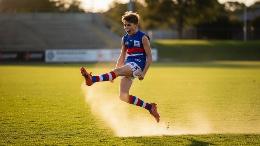An epic moment captured in expert Bonbeach youth sports photography Victoria, showing a young athlete mid-air, scoring a goal on a sunny Bonbeach field, with dynamic lighting and a celebratory mood.