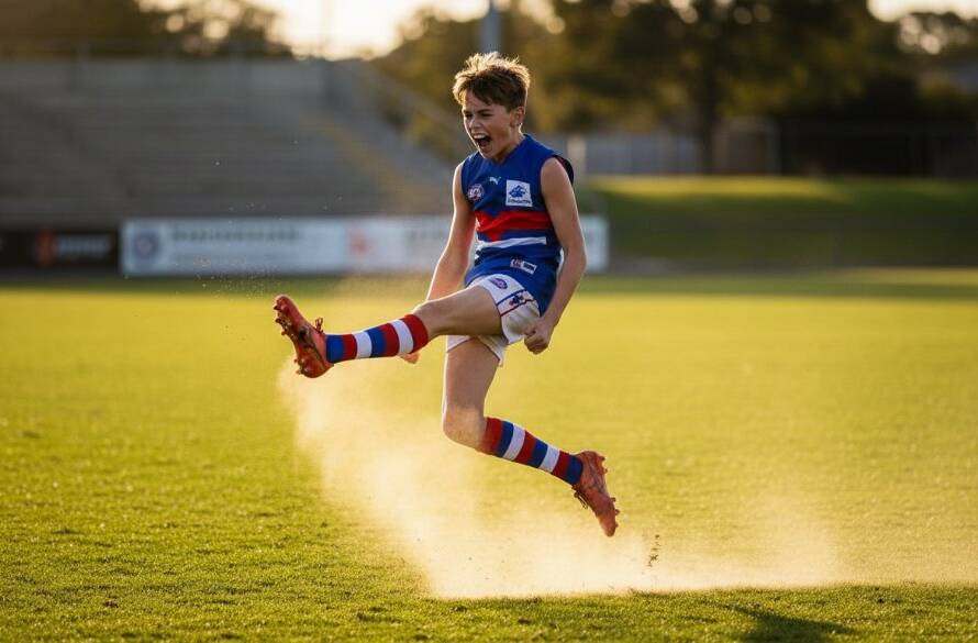 An epic moment captured in expert Bonbeach youth sports photography Victoria, showing a young athlete mid-air, scoring a goal on a sunny Bonbeach field, with dynamic lighting and a celebratory mood.