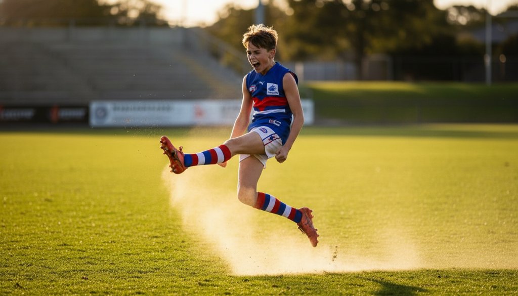 An epic moment captured in expert Bonbeach youth sports photography Victoria, showing a young athlete mid-air, scoring a goal on a sunny Bonbeach field, with dynamic lighting and a celebratory mood.