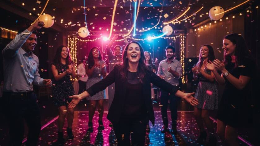 Guests cheering and dancing under dynamic disco lights at a lively Box Hill party, an 'epic moment' captured by expert Box Hill party photography capturing true joy.