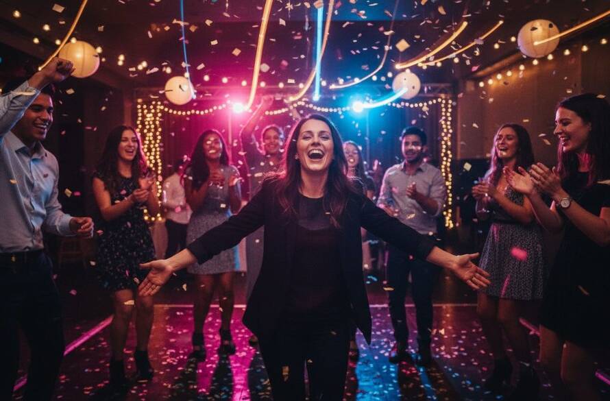 Guests cheering and dancing under dynamic disco lights at a lively Box Hill party, an 'epic moment' captured by expert Box Hill party photography capturing true joy.