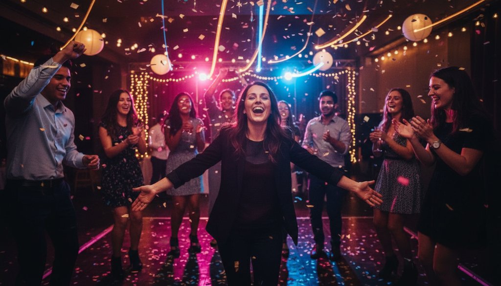 Guests cheering and dancing under dynamic disco lights at a lively Box Hill party, an 'epic moment' captured by expert Box Hill party photography capturing true joy.
