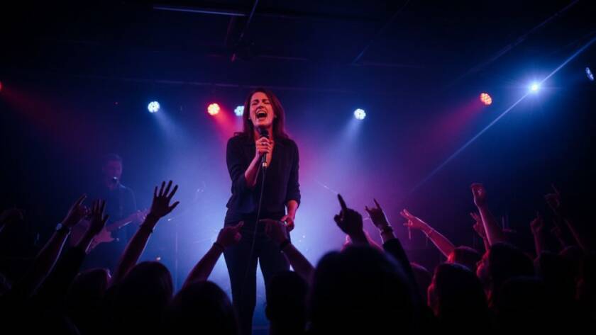 An expert Carnegie concert photographer capturing a musician mid-performance, bathed in dramatic stage lighting, with the crowd's energy palpable, showcasing electrifying live music photography in Victoria.