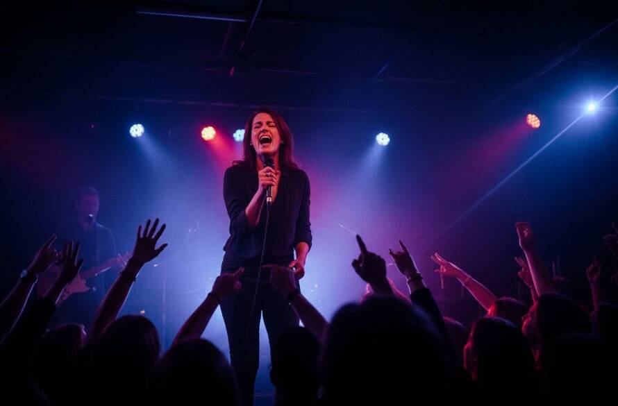 An expert Carnegie concert photographer capturing a musician mid-performance, bathed in dramatic stage lighting, with the crowd's energy palpable, showcasing electrifying live music photography in Victoria.