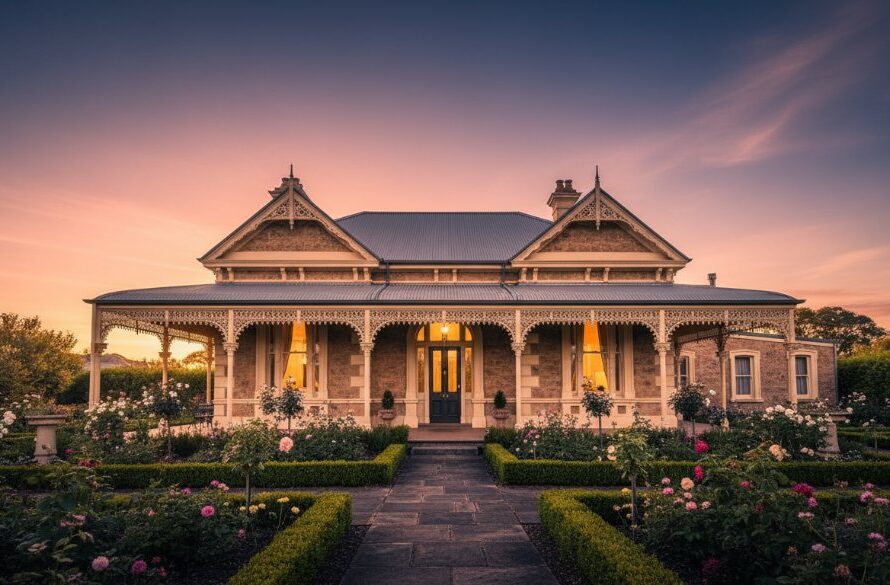 An epic, dramatic wide-angle photograph showcasing a beautifully restored heritage home in Castlemaine, Victoria at golden hour, with warm light illuminating its intricate Victorian facade, highlighting the expert Castlemaine real estate photography for heritage homes. The scene conveys timeless elegance and curb appeal.