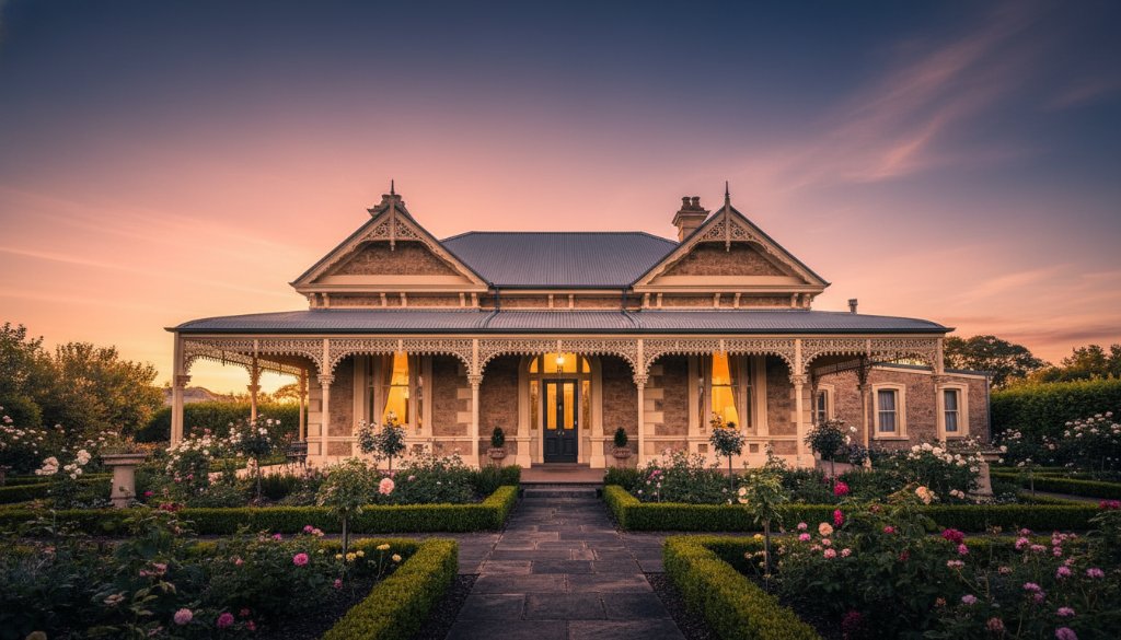 An epic, dramatic wide-angle photograph showcasing a beautifully restored heritage home in Castlemaine, Victoria at golden hour, with warm light illuminating its intricate Victorian facade, highlighting the expert Castlemaine real estate photography for heritage homes. The scene conveys timeless elegance and curb appeal.