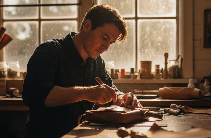 An epic moment captured in Caulfield South, showing a local artisan passionately crafting a unique piece, bathed in dramatic golden hour light, reflecting the power of expert Caulfield South editorial photography storytelling to highlight local talent.