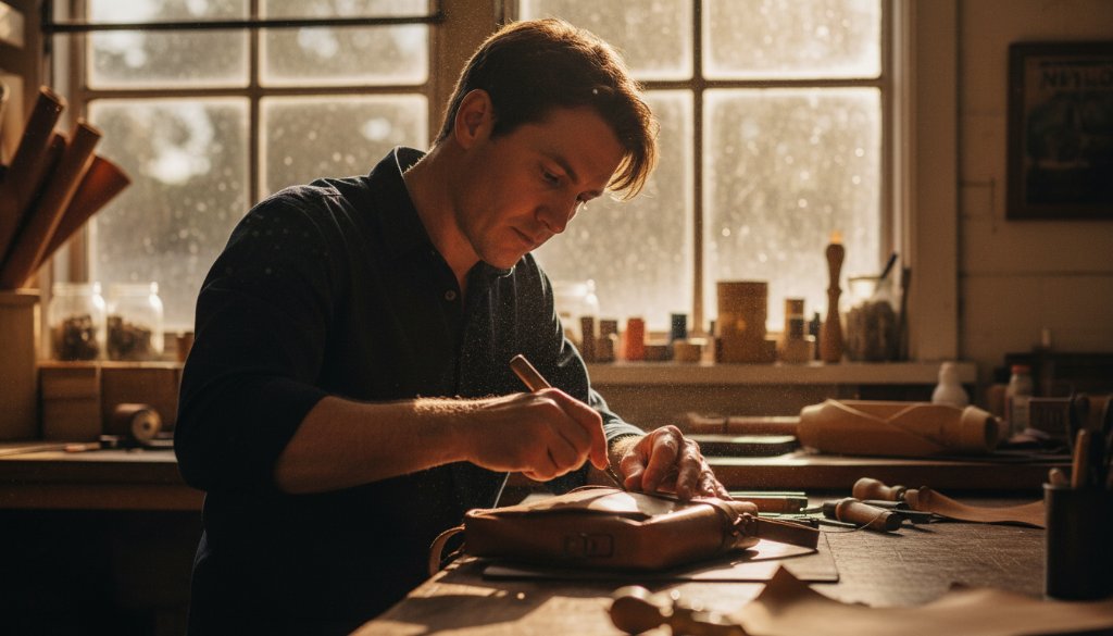An epic moment captured in Caulfield South, showing a local artisan passionately crafting a unique piece, bathed in dramatic golden hour light, reflecting the power of expert Caulfield South editorial photography storytelling to highlight local talent.