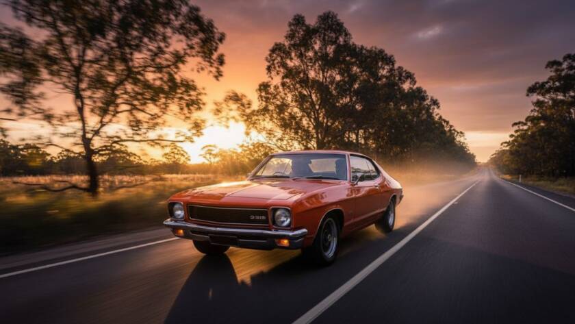 An expert classic car photography Warrandyte South scenic roads shot, featuring a gleaming vintage Ford Mustang cruising at golden hour on a winding road through the Warrandyte South bushland, dramatic light catching its chrome details.