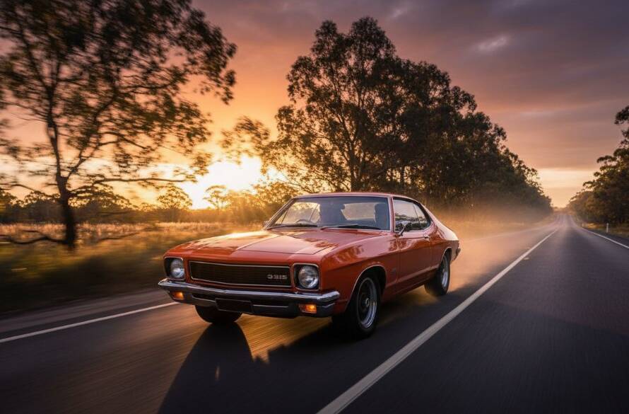 An expert classic car photography Warrandyte South scenic roads shot, featuring a gleaming vintage Ford Mustang cruising at golden hour on a winding road through the Warrandyte South bushland, dramatic light catching its chrome details.