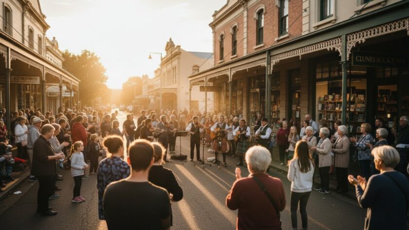 An expert Clunes Victoria event photography storytelling shot capturing a joyful candid moment at a community festival, with sunlight streaming through historic buildings in Clunes, Victoria, showing vibrant colours and authentic emotion.
