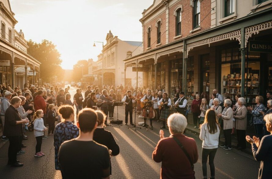 An expert Clunes Victoria event photography storytelling shot capturing a joyful candid moment at a community festival, with sunlight streaming through historic buildings in Clunes, Victoria, showing vibrant colours and authentic emotion.