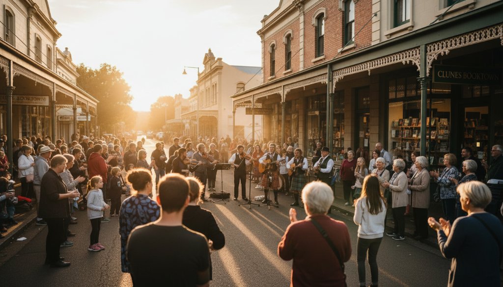 An expert Clunes Victoria event photography storytelling shot capturing a joyful candid moment at a community festival, with sunlight streaming through historic buildings in Clunes, Victoria, showing vibrant colours and authentic emotion.