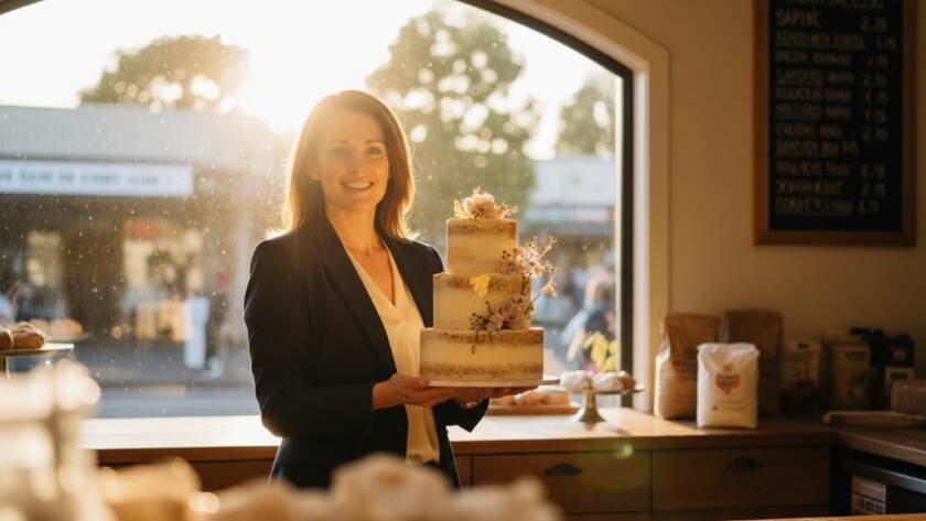 Dynamic wide shot showcasing Expert Commercial Photography Balwyn North for Local Businesses, featuring a thriving cafe owner proudly presenting her artisan pastries with dramatic backlighting in a sun-drenched Balwyn North street, capturing the essence of local entrepreneurship.