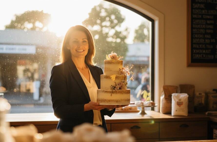 Dynamic wide shot showcasing Expert Commercial Photography Balwyn North for Local Businesses, featuring a thriving cafe owner proudly presenting her artisan pastries with dramatic backlighting in a sun-drenched Balwyn North street, capturing the essence of local entrepreneurship.