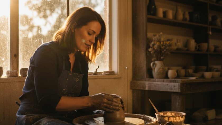 An epic moment captured: a local artisan in Churchill, Victoria, proudly showcasing their handcrafted product with dramatic backlighting in a rustic workshop, exemplifying Expert Commercial Photography Churchill Victoria businesses' brand power.
