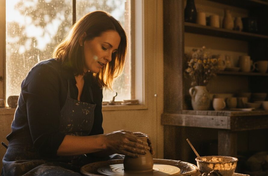 An epic moment captured: a local artisan in Churchill, Victoria, proudly showcasing their handcrafted product with dramatic backlighting in a rustic workshop, exemplifying Expert Commercial Photography Churchill Victoria businesses' brand power.