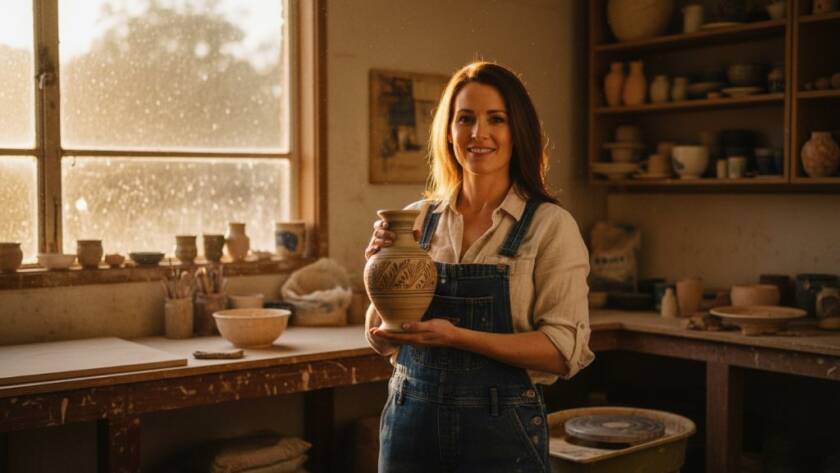 Dynamic wide shot of a local business owner in Croydon South, Victoria, proudly presenting their products amidst dramatic lighting, embodying expert commercial photography Croydon South VIC for small businesses.