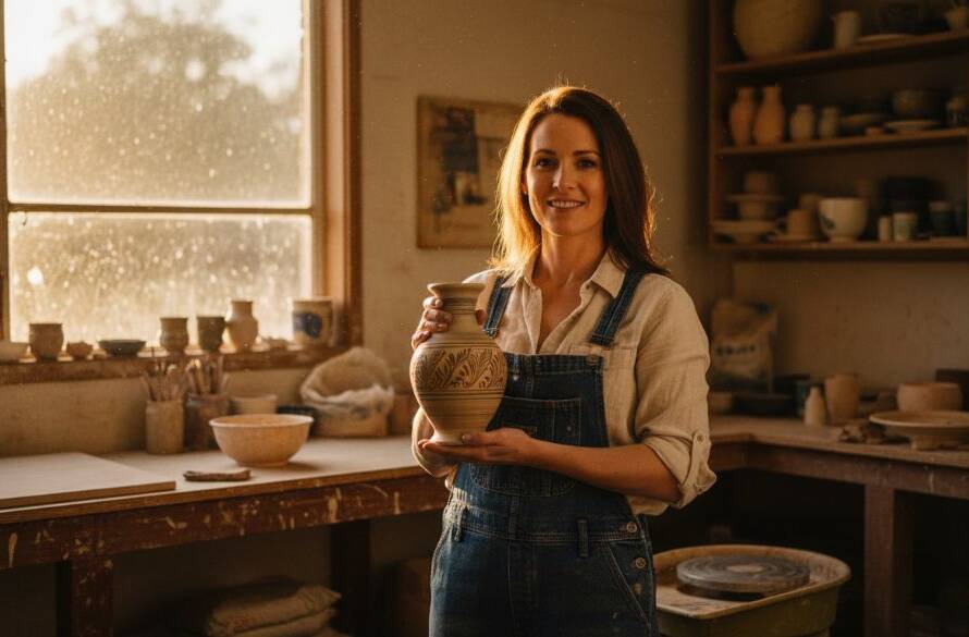 Dynamic wide shot of a local business owner in Croydon South, Victoria, proudly presenting their products amidst dramatic lighting, embodying expert commercial photography Croydon South VIC for small businesses.