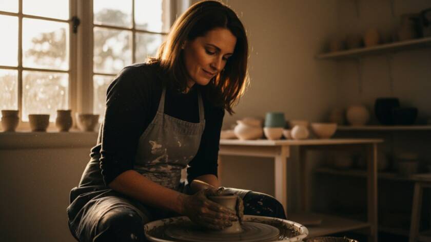 An epic moment captured through expert commercial photography Hampton East Victoria, featuring a local ceramist passionately crafting a unique piece on a pottery wheel in their sunlit workshop near Hampton Beach, with golden hour light streaming through a large window, showcasing their detailed artistry and brand story, professionally colour graded.
