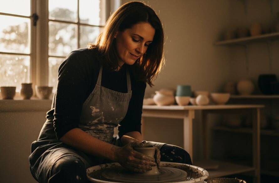 An epic moment captured through expert commercial photography Hampton East Victoria, featuring a local ceramist passionately crafting a unique piece on a pottery wheel in their sunlit workshop near Hampton Beach, with golden hour light streaming through a large window, showcasing their detailed artistry and brand story, professionally colour graded.