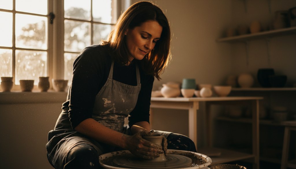 An epic moment captured through expert commercial photography Hampton East Victoria, featuring a local ceramist passionately crafting a unique piece on a pottery wheel in their sunlit workshop near Hampton Beach, with golden hour light streaming through a large window, showcasing their detailed artistry and brand story, professionally colour graded.