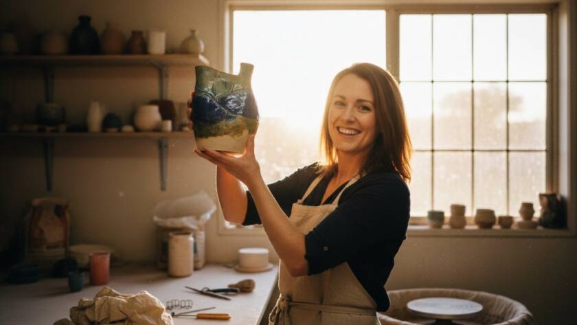 A cinematic photograph capturing an 'epic moment' of a local artisan in Skye, Victoria, triumphantly holding a beautifully crafted ceramic piece, bathed in dramatic golden hour light within her workshop. The image embodies the essence of Expert Commercial Photography Skye Victoria Local Businesses, showcasing dedication, craftsmanship, and local pride.
