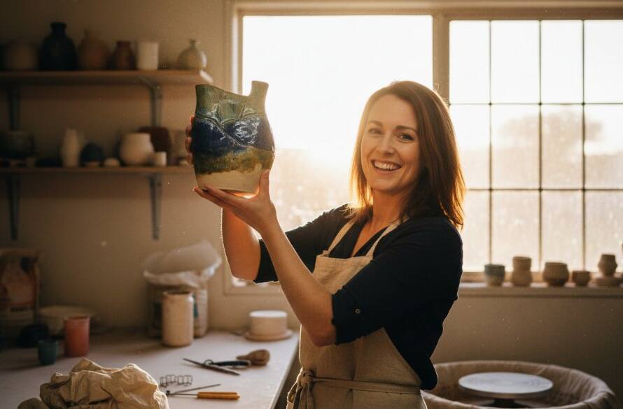 A cinematic photograph capturing an 'epic moment' of a local artisan in Skye, Victoria, triumphantly holding a beautifully crafted ceramic piece, bathed in dramatic golden hour light within her workshop. The image embodies the essence of Expert Commercial Photography Skye Victoria Local Businesses, showcasing dedication, craftsmanship, and local pride.