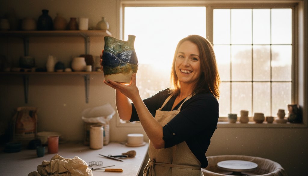 A cinematic photograph capturing an 'epic moment' of a local artisan in Skye, Victoria, triumphantly holding a beautifully crafted ceramic piece, bathed in dramatic golden hour light within her workshop. The image embodies the essence of Expert Commercial Photography Skye Victoria Local Businesses, showcasing dedication, craftsmanship, and local pride.