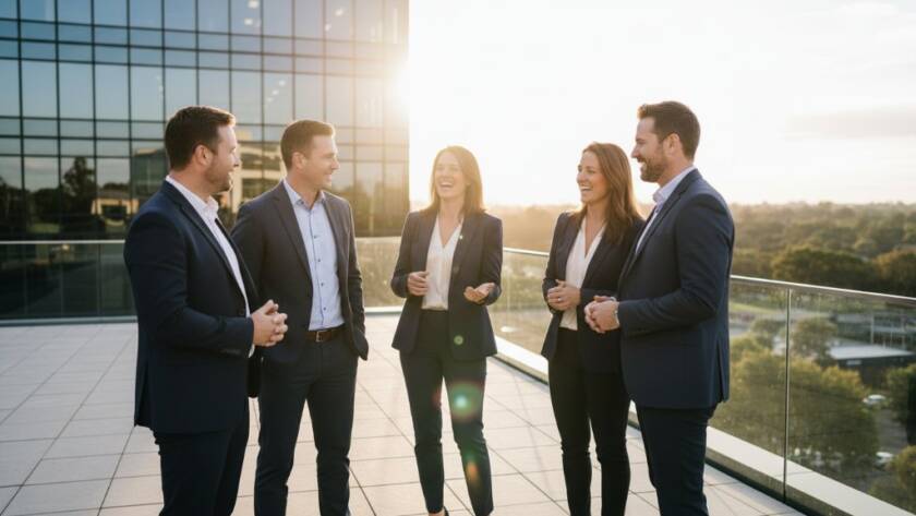 An inspiring wide-angle shot capturing a diverse team of professionals in dynamic conversation in a modern, light-filled office space in Rowville, bathed in dramatic golden hour light, reflecting the essence of expert corporate branding photography for Rowville businesses.