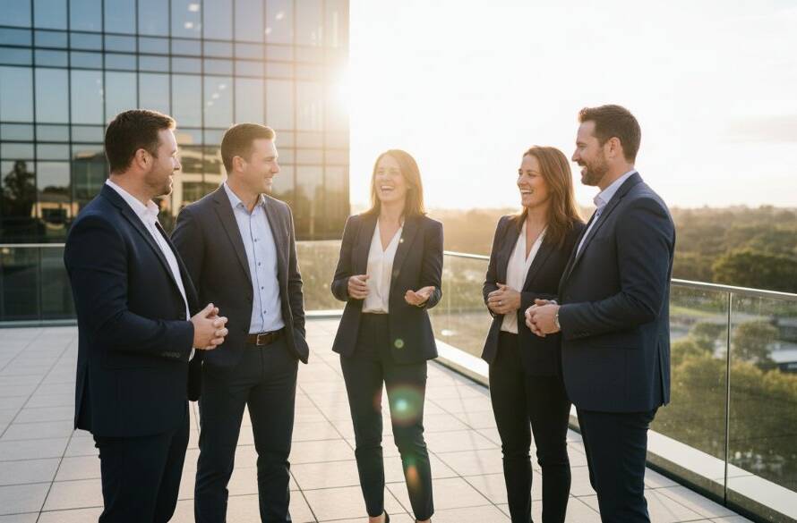 An inspiring wide-angle shot capturing a diverse team of professionals in dynamic conversation in a modern, light-filled office space in Rowville, bathed in dramatic golden hour light, reflecting the essence of expert corporate branding photography for Rowville businesses.