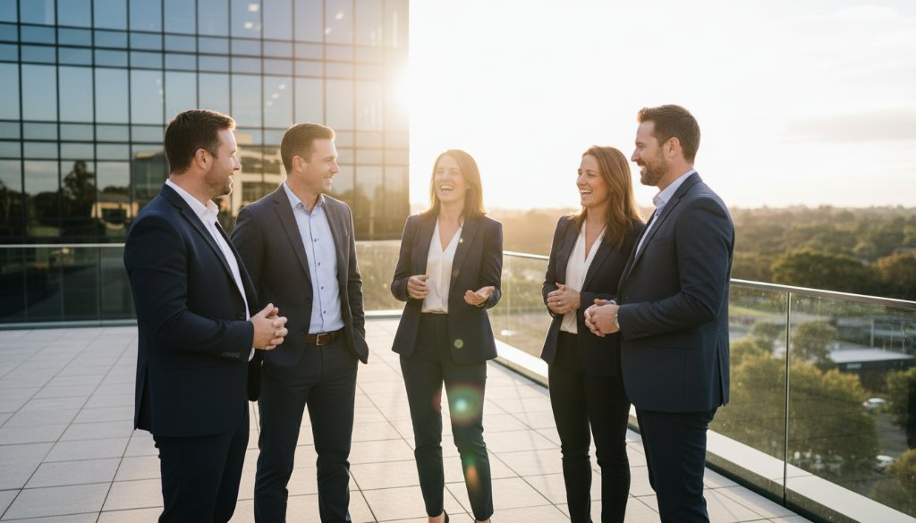 An inspiring wide-angle shot capturing a diverse team of professionals in dynamic conversation in a modern, light-filled office space in Rowville, bathed in dramatic golden hour light, reflecting the essence of expert corporate branding photography for Rowville businesses.