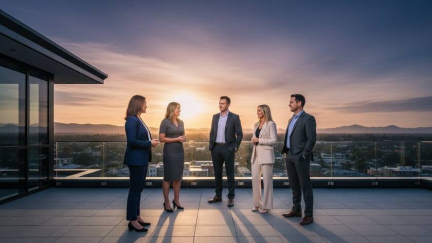 A dynamic, wide-angle shot of a group of diverse professionals, impeccably dressed, confidently walking forward in a modern Boronia business park setting at sunset, bathed in golden hour light, reflecting the excellence of Expert Corporate Photography Boronia VIC.