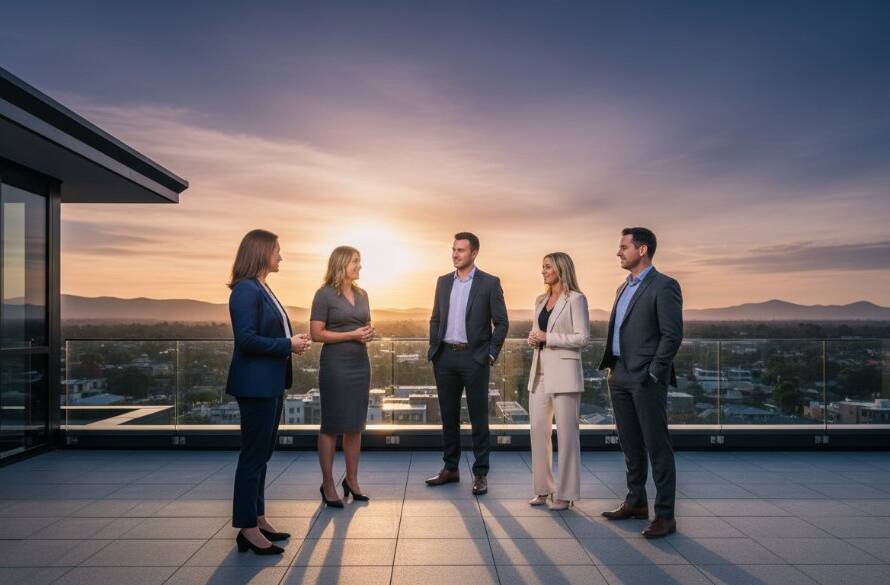 A dynamic, wide-angle shot of a group of diverse professionals, impeccably dressed, confidently walking forward in a modern Boronia business park setting at sunset, bathed in golden hour light, reflecting the excellence of Expert Corporate Photography Boronia VIC.