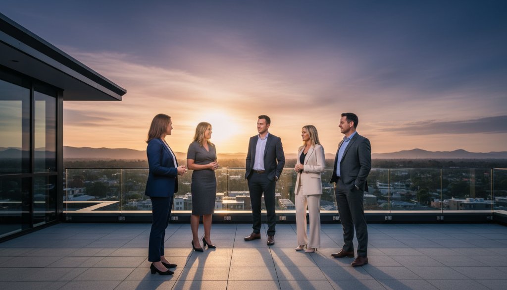 A dynamic, wide-angle shot of a group of diverse professionals, impeccably dressed, confidently walking forward in a modern Boronia business park setting at sunset, bathed in golden hour light, reflecting the excellence of Expert Corporate Photography Boronia VIC.