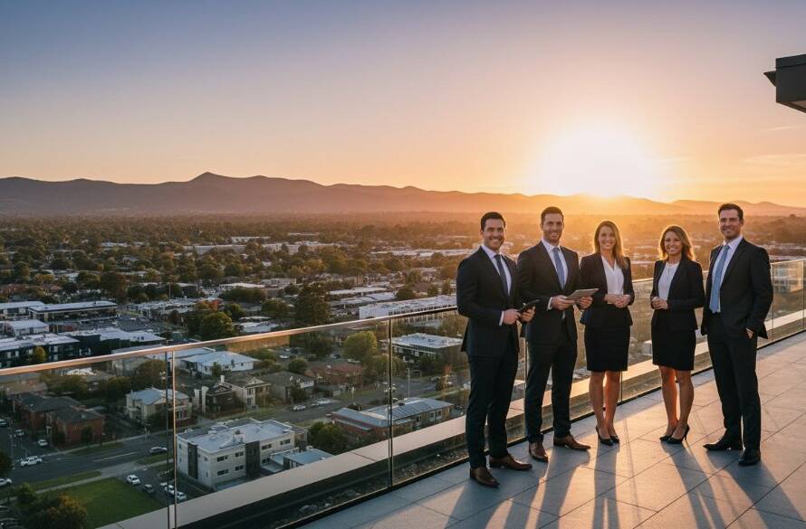 Dynamic wide-angle shot showcasing a diverse team of professionals in Croydon, bathed in golden hour light, reflecting success and collaboration, captured by expert corporate photography in Croydon businesses.