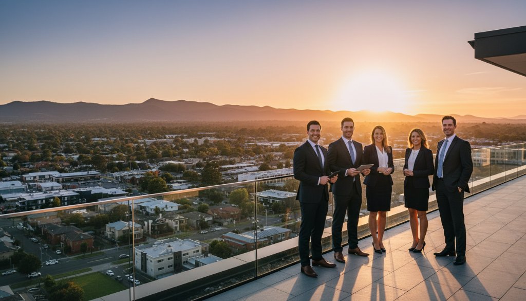 Dynamic wide-angle shot showcasing a diverse team of professionals in Croydon, bathed in golden hour light, reflecting success and collaboration, captured by expert corporate photography in Croydon businesses.