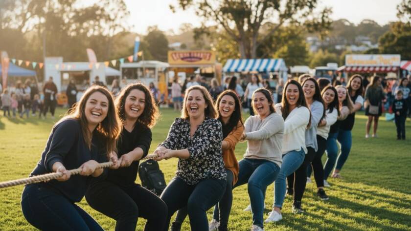 An epic moment captured by expert Croydon Hills event photography for memorable local gatherings, showing a diverse community celebrating joyously at a vibrant outdoor festival in a Croydon Hills park, with dramatic sunset lighting and blurred happy faces in the background.