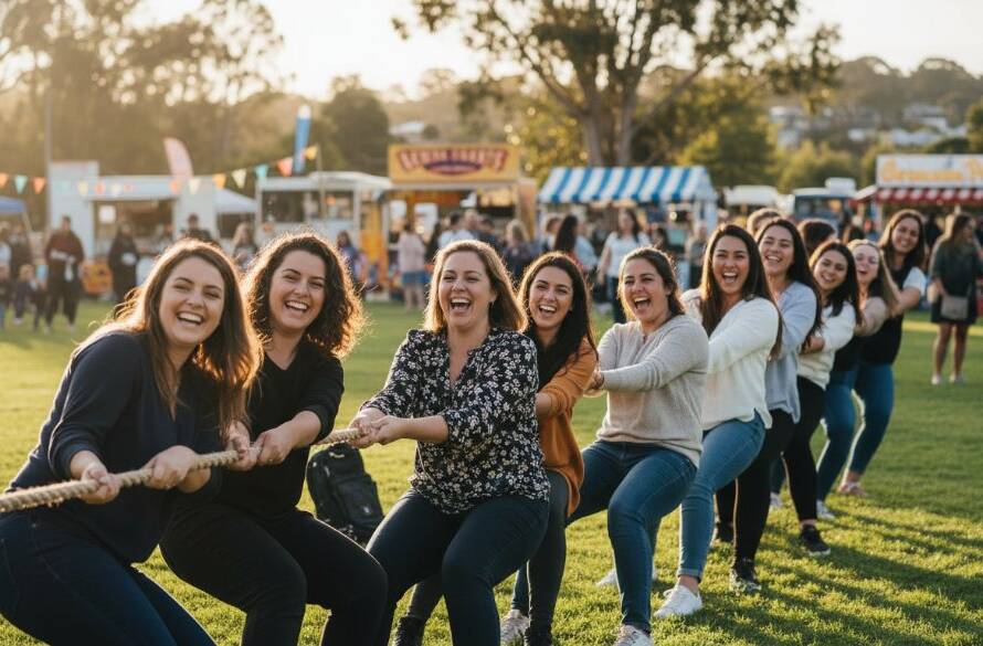 An epic moment captured by expert Croydon Hills event photography for memorable local gatherings, showing a diverse community celebrating joyously at a vibrant outdoor festival in a Croydon Hills park, with dramatic sunset lighting and blurred happy faces in the background.